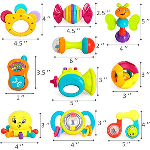 iPlay, iLearn 10pcs Baby Rattles Teether, Shaker, Grab and Spin Rattle, Musical Toy Set, Early Educational Toys for 3, 6, 9, 12 Month Baby Infant, Newborn