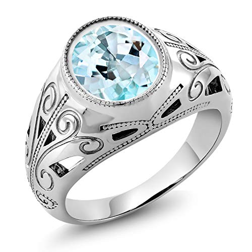 Gem Stone King 925 Sterling Silver Sky Blue Topaz Men's Ring (6.00 Ct Oval, Gemstone Birthstone) (Size 9)