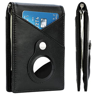 Mens Slim Bifold Wallet for AirTag with Money Clip, Minimalist Wallet with Built-in Holder Case for AirTag (Black)