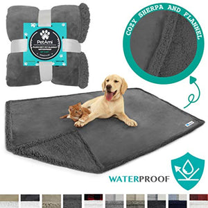 PetAmi WATERPROOF Dog Blanket for Bed Couch Sofa | Waterproof Dog Bed Cover for Large Dogs, Puppies | Grey Sherpa Fleece Pet Blanket Furniture Protector | Reversible Microfiber | 60" x 80" (Gray/Gray)