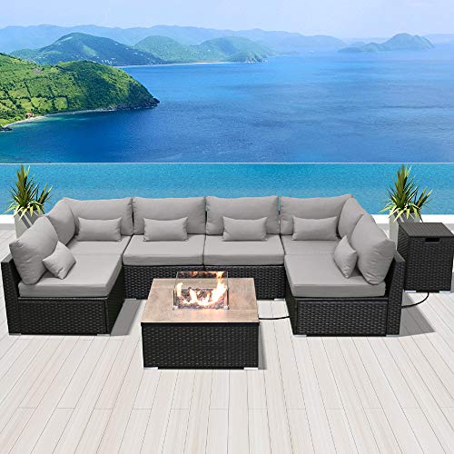 DINELI Patio Furniture Sectional Sofa with Gas Fire Pit Table Outdoor Patio Furniture Sets Propane Fire Pit (Light Gray-Square Table)