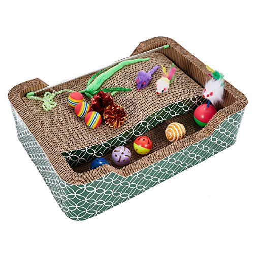 MECOOL Cat Wide Scratch Lounge Scratching Cardboard Corrugated Bed Wavy Cat Scratcher Pads with Cat Toys