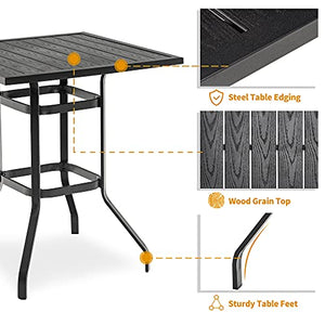 Mcombo 5 Piece Patio Dining Set, Outdoor Steel Dining Table Set, Wicker Furniture Set with Square Steel Wood Grain Table and 4 Arm Chairs for Garden Backyard Bistro and Deck, 6084-DS28-BK