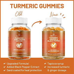 Turmeric Curcumin Gummies with Ginger & Black Pepper Extract, Joint Support and Pain Relief. Anti-Inflammatory, Chews for Adults & Kids, 60 Chewable Gummy Vitamins