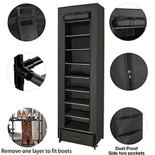 Load image into Gallery viewer, Shoes Rack,10 Tier Tall Shoe Rack - Narrow Shoe Rack with Storage Box,Fabric Covered Shoe Rack,Metal Shoe Rack Organizer,Shoe Racks for Closets,Stackable Shoe Rack,Shoe Stand,Shoe Shelf Storage(Black)

