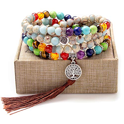 Addmluck Mala Beads,8mm Beads Chakra Stones Necklace for Women Men Gemstone Beads Anxiety Bracelet(Mala Chakra Healing)