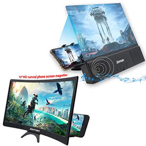 jteman 12'' 3D Mobile Phone Screen Magnifier with Bluetooth Speaker+12'' Curved Screen Magnifier Mobile Projector Screen for Movies, Videos, Gaming Foldable Phone Stand for iPhone and All Smartphones