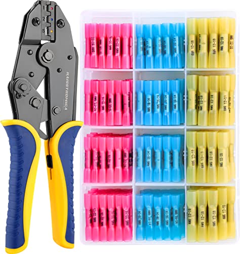 haisstronica Crimping Tool for Heat Shrink Connectors HS-8327 with 200PCS Marine Grade Heat Shrink Butt Connectors of Tinned Red Copper AWG 20-10