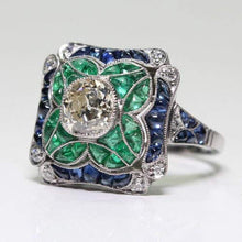 Load image into Gallery viewer, Yuren 925 Sterling Silver Vintage Emerald Ring Blue Sapphire White Topaz Ring Women Wedding Fashion Jewelry Size 6-10 (US Code 10)
