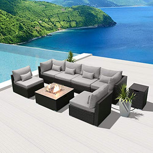 DINELI Patio Furniture Sectional Sofa with Gas Fire Pit Table Outdoor Patio Furniture Sets Propane Fire Pit (Light Gray-Square Table)