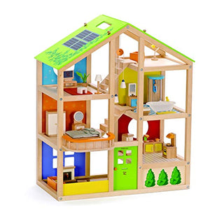 All Seasons Kids Wooden Dollhouse by Hape | Award Winning 3 Story Dolls House Toy with Furniture, Accessories, Movable Stairs and Reversible Season Theme L: 23.6, W: 11.8, H: 28.9 inch