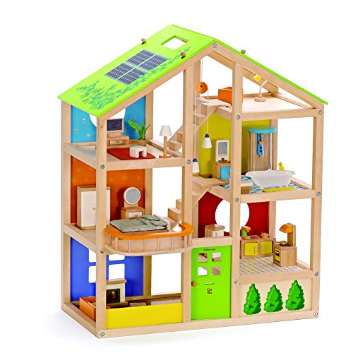 All Seasons Kids Wooden Dollhouse by Hape | Award Winning 3 Story Dolls House Toy with Furniture, Accessories, Movable Stairs and Reversible Season Theme L: 23.6, W: 11.8, H: 28.9 inch