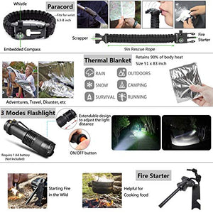 Emergency Survival Kit 37 in 1, Survival Gear Tool Kit SOS Survival Tool Emergency Blanket Tactical Pen Flashlight Pliers Wire Saw for Wilderness Camping Hiking First Aid Survival Kit for Earthquake