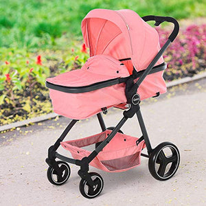 Qaba 2 in 1 Design Lightweight Baby Stroller Basket One-Click Foldable Compact Travel Pushchair w/Reclinable Back Footrest Safety Belt Storage Basket Suspension Wheels for 0-36 Months Pink