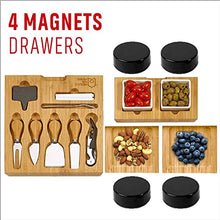 Load image into Gallery viewer, Cheese Board 2 Ceramic Bowls 2 Serving Plates. Magnetic 4 Drawers Bamboo Charcuterie Cutlery Knife Set, 2 Server Forks, Wine Opener, Labels, Markers, Gift for Birthdays, Wedding Registry,Housewarming
