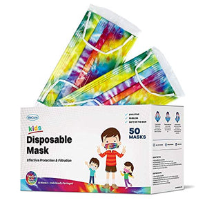 WeCare Individually Wrapped Kids Face Masks - 50 Pack - Soft on Skin - Disposable, 3 Ply - 5.7" x 3.7" Children's Size - 3 Layer Protectors with Elastic Earloops - Latex Free - Tie Dye