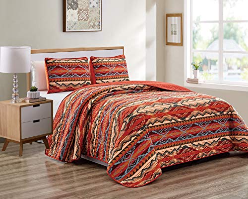 Rustic Western Native American Quilt Bedspread Coverlet Bedding Set in Modern Southwest Tribal Patterns in Soft Beige Brown Turquoise Blue Copper Burnt Orange & Rust Colors - Arizona (Full/Queen)