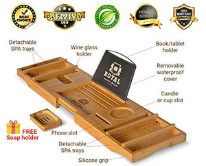 ROYAL CRAFT WOOD Luxury Bathtub Caddy Tray, One or Two Person Bath and Bed Tray, Bonus Free Soap Holder (Natural)