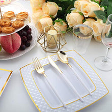 Load image into Gallery viewer, 144 PCS Disposable Gold Silverware, Plastic Flatware with White Handle, Gold Plastic Cutlery Includes: 48 Forks, 48 Knives and 48 Spoons (GOLD)

