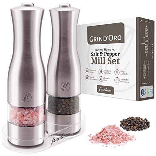 Load image into Gallery viewer, Grind'Oro Electric Salt and Pepper Grinder Set (2 Mills) Battery Operated, Stainless Steel with Light - One Touch Automatic Salt Grinder Mill Adjustable Coarseness, Franluca's Kitchen Power Shaker Set