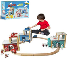 Load image into Gallery viewer, On Track USA Wooden Train Track Accessories Set for Toddler Kids, 15 Piece Set Including Police Station, Fire Station, Hospital, Helicopters, Rescue Vehicles, Emergency Responders

