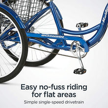 Load image into Gallery viewer, Schwinn Meridian Adult Tricycle with 26-Inch Wheels in Blue, with Low Step-Through Aluminum Frame, Front and Rear Fenders, Adjustable Handlebars, Large Cruiser Seat, and Rear Folding Basket
