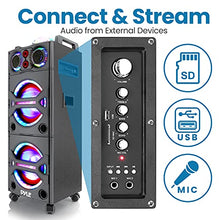 Load image into Gallery viewer, Pyle Portable Bluetooth PA Speaker System - 2000W Active powered Outdoor Bluetooth Speaker Portable PA System w/ Microphone In, Party Lights, USB SD Card Reader, AUX/RCA/FM Radio, Wheels - PSUFM1043BT
