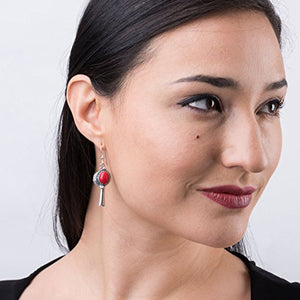 American West Sterling Silver Red Coral Gemstone Leaf and Squash Blossom Dangle Earrings
