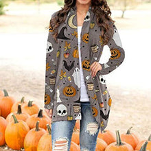 Load image into Gallery viewer, Women's Pumpkin Cat Cardigan Halloween Long Sleeve Open Front Knit Sweater Overwear Coat Plus Size Sweatshirt.S-5XL Gray
