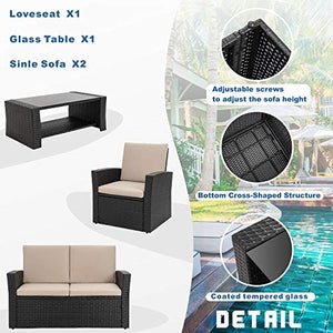 Shintenchi 4 Piece Outdoor Patio Furniture Sets, Wicker Rattan Sectional Sofa Couch with Glass Coffee Table for Backyard, Porch, Garden and Poolside Outdoor Patio Conversation Sets, Black