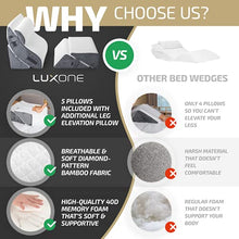 Load image into Gallery viewer, Luxone 5 Pcs Adjustable Relaxing System w/ Leg Elevation Pillow - Perfect Orthopedic Pillow Set for After Surgery - Memory Foam Bed Wedge Pillows for Back Support, Pain Relief &amp; Post Surgery Recovery
