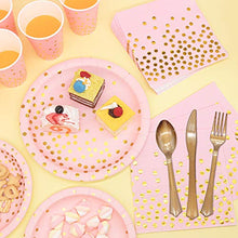 Load image into Gallery viewer, Pink and Gold Party Supplies 350PCS Disposable Dinnerware Set - Pink Paper Plates Napkins Cups, Gold Plastic Forks Knives Spoons for Birthday Bridal Baby Shower Valentine's Day Bachelor Wedding Party

