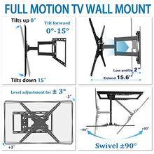 Load image into Gallery viewer, JUSTSTONE Full Motion TV Wall Mount Bracket for 28-70 Inch LED LCD Plasma Flat Screen &amp; Curved TVs 110 Lbs VESA 600x400mm with Articulating Arms, Extend, Swivel, Tilt and Level Adjust, Fit 16” Studs

