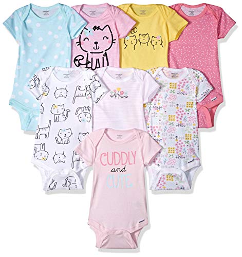 Onesies Brand Girls' Standard 8-Pack Short Sleeve Printed Bodysuits, Cuddly Cats & Flowers, 6-9 Months