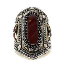 Load image into Gallery viewer, Big Cuff Oxidized Finish Metallic Engraved Kuchi Tribal Bohemian Gypsy Stones Garnet Red
