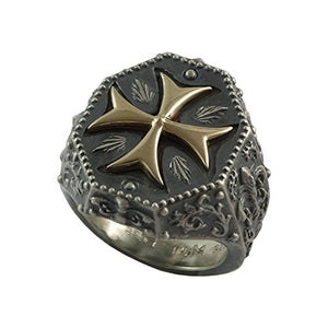 Knights Templar Maltese Cross Mens Ring Fleur De Lis Silver 925 and 10K Gold Masonic Jewelry