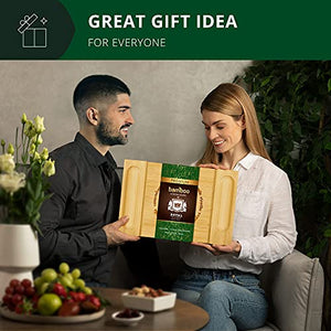 Unique Bamboo Cheese Board, Charcuterie Platter and Serving Tray for Wine, Crackers, Brie and Meat. Large and Thick Natural Wooden Server - Fancy House Warming Gift & Perfect Choice for Gourmets