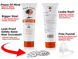 Hidden Alcohol Flask - XL 10oz Sunscreen Flask Lets You Sneak Booze Anywhere Includes FREE Funnel and Leak-Proof Safety Seals by Classy Wino - Set of 2