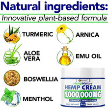 Load image into Gallery viewer, Natural Hemp Cream - 1,000,000 - Fast Relief - Muscle, Joint, Foot &amp; Back with Hemp, Arnica, Turmeric | Natural Hemp Oil Extract Gel - Made in USA - 4oz
