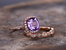 Load image into Gallery viewer, 2pcs Amethyst wedding ring set!8mm Cushion Engagement ring,petite rose gold plated,925 sterling silver stacking CZ Bridal ring,matching band,Women Halo ring,Man Made diamond CZ ring,any size
