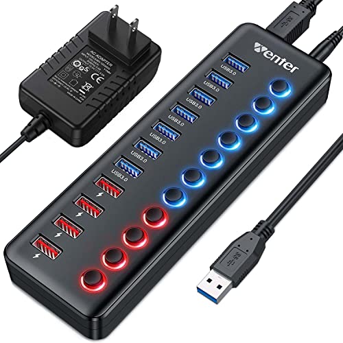 Powered USB 3.0 Hub, Wenter 11-Port USB Data Hub Splitter with 4 Smart Charging Ports and Individual LED On/Off Switches and 12V/3A Power Adapter USB Extension for Mac,Windows,Chrome & Linux OS