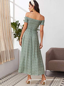 Floerns Women's Boho Floral Print Off Shoulder Split Long A Line Dress Brown XS
