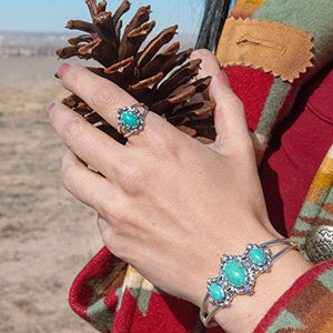 American West Sterling Silver Green Turquoise Gemstone 3-Stone Floral Filigree Cuff Bracelet Size Small