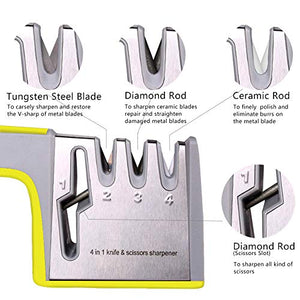 Knife Sharpener Kitchen Professional 4 In 1 Scissor Knife Sharpening Tool Chef's Best Choice Diamond, Tungsten Steel, Ceramic Stone, Non-Slip Base Professional Blades Sharpening Tools (yellow&gray)