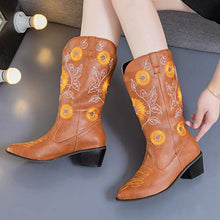 Load image into Gallery viewer, Padaleks Women's Wide Calf Knee High Pull On Fall &amp; Winter Boots Low Heels Retro Pointed Toe Embroidered Short Bootie Work Boot
