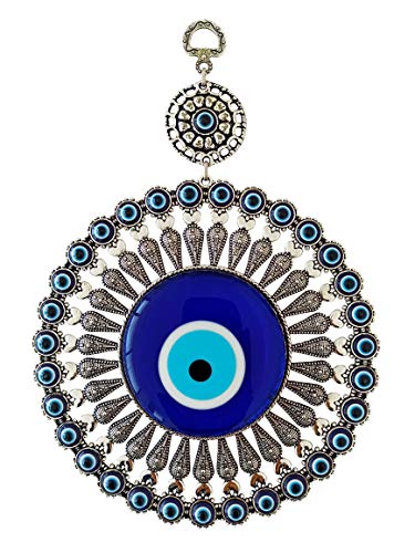 Erbulus Large Glass Flower Design Turkish Blue Evil Eye Wall Hanging – Turkish Nazar Bead - Home Protection Charm with Hamsa Keychain - Wall Decor Amulet in a Box