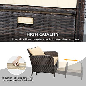 LeveLeve Balcony Furniture 5 Piece Patio Conversation Set, PE Wicker Rattan Outdoor Lounge Chairs with Soft Cushions 2 Ottoman&Glass Table for Porch, Lawn-Brown Wicker (Sand)