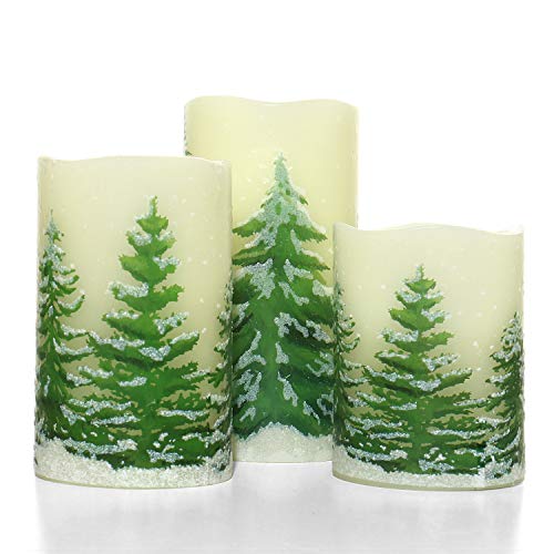 Rocinha Christmas Flameless Candles with Timer Battery Operated Flickering Candles Set of 3 Real Wax Christmas Pillar Candles with Christmas Tree Printing