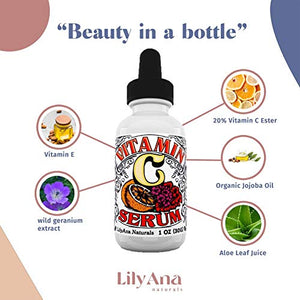 Vitamin C Serum for Face - Face Serum with Hyaluronic Acid and Vitamin E, Anti Aging Serum, Reduces Age Spots and Sun Damage, Promotes Collagen and Elastin - 1oz