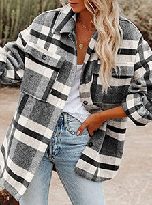 FCSONU Women's Flannel Plaid Shirts Long Sleeve Shacket Jacket Button Down Winter Coats with Pockets Green